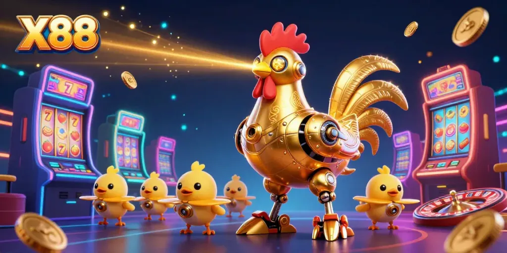 X88 showcases a dynamic casino scene featuring a golden rooster robot and baby chick drones interacting with colorful slot machines and roulette wheels.