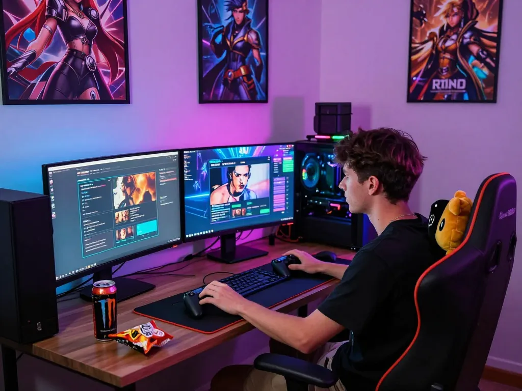Immersive gaming environment showcasing a player enjoying html porn games on multiple monitors with vibrant lighting.