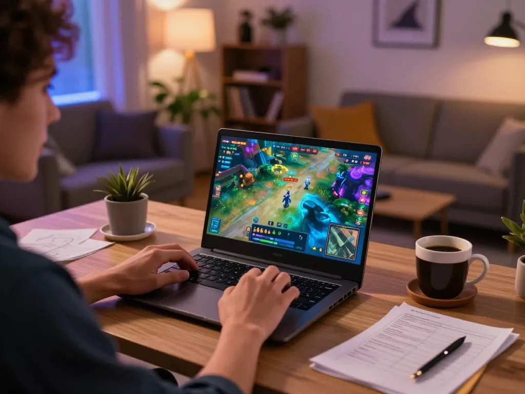 Engaged player enjoying kp88 game on a laptop in a cozy home setup