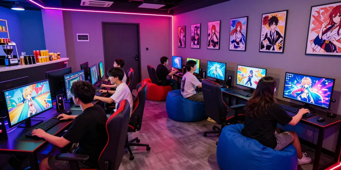 Group of gamers enjoying free hentai games in a vibrant gaming lounge with colorful screens.