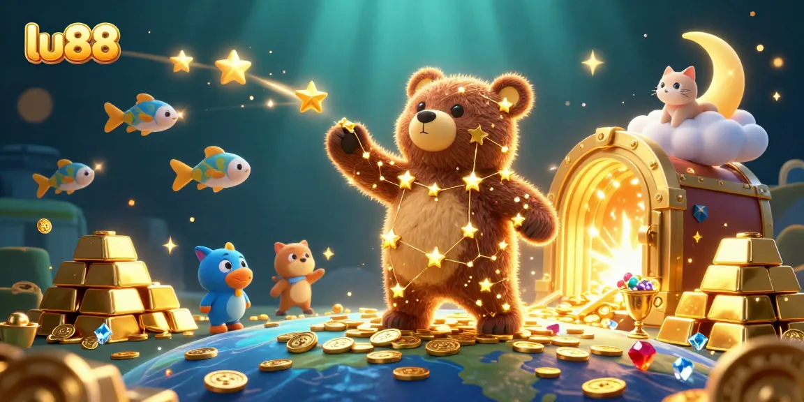 lu88 captures the thrill of online gaming with golden treasures and a cosmic bear in action.
