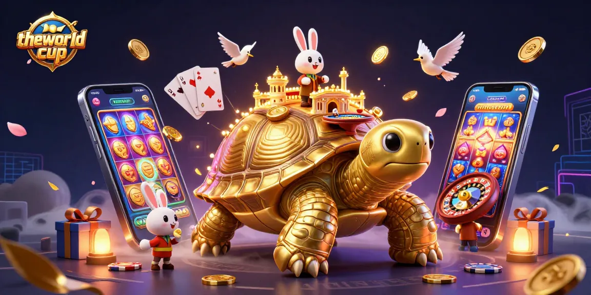 Engage with theworldcup in this vibrant 3D illustration featuring a giant golden tortoise casino.