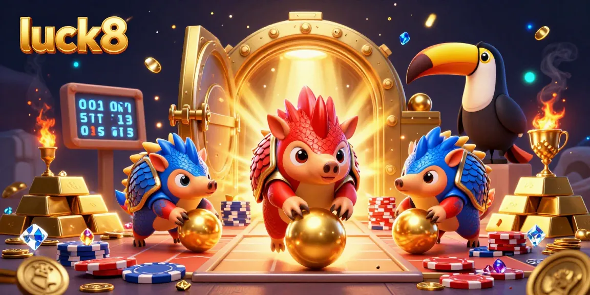 Engage with exciting gaming action at Luck8, featuring pangolins rolling through poker chips and treasure in a dynamic scene.
