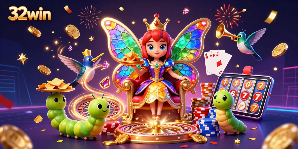 Spin to win with 32win: A vibrant illustration of a butterfly queen and winning elements of online casino games.