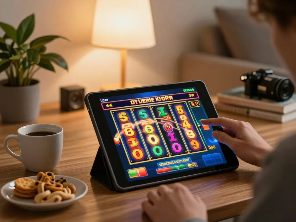 Player enjoying a slot game on their tablet at home, experiencing thrilling wins with 789 casino.