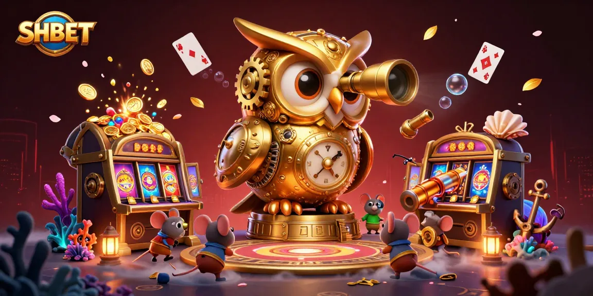 Experience SHBET excitement with a golden owl and wind-up mice in a vibrant casino scene.
