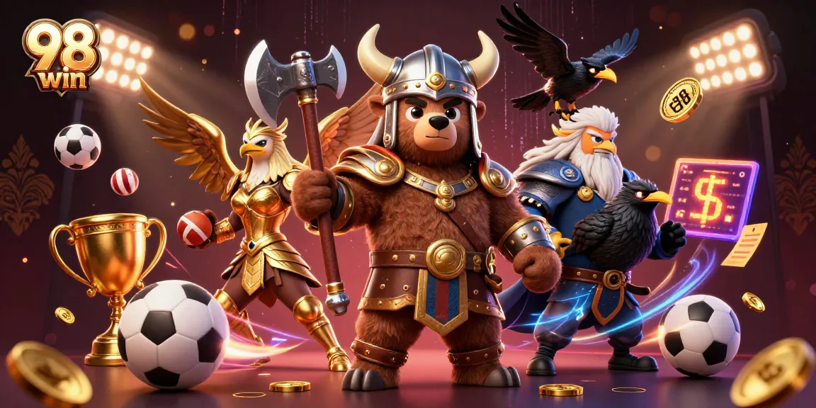 Engage in thrilling action at 98 win's dynamic casino scene featuring vibrant characters and sports elements.
