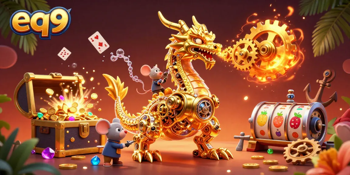 Play thrilling games at eq9, where a golden dragon and treasures enhance the casino experience.