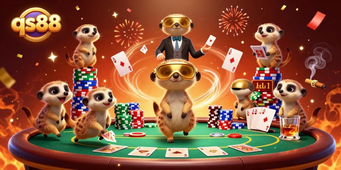 Meerkats operating qs88 casino with poker action, vibrant colors, and exciting details.