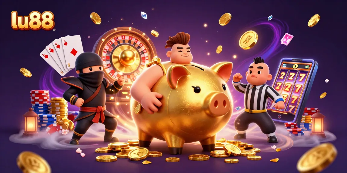 Experience the excitement of lu88 with a high-energy 3D casino scene featuring dynamic characters and golden treasures.
