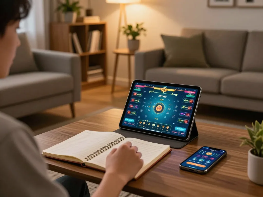 Engaging in tài xỉu online, a player uses a tablet in a cozy living room setting.