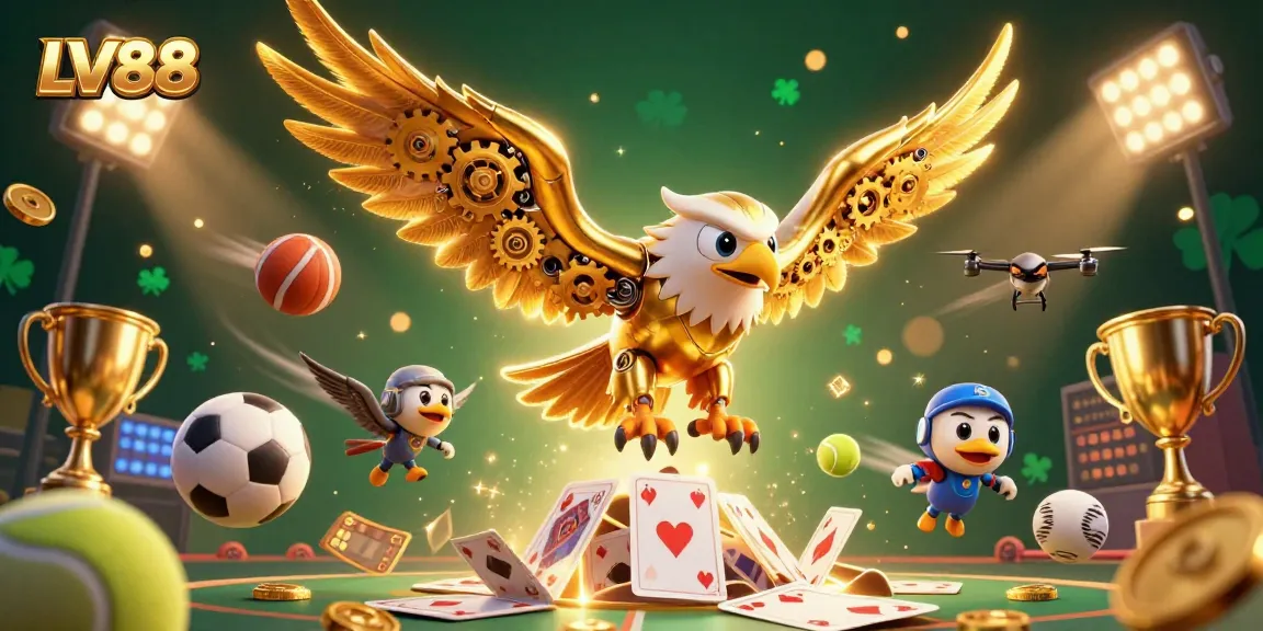 Win big with LV88: a golden eagle soaring through dynamic sports elements in an exciting casino scene.