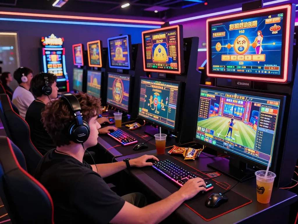 MM88 online gaming tournament with players at vibrant setups in a neon-lit environment.