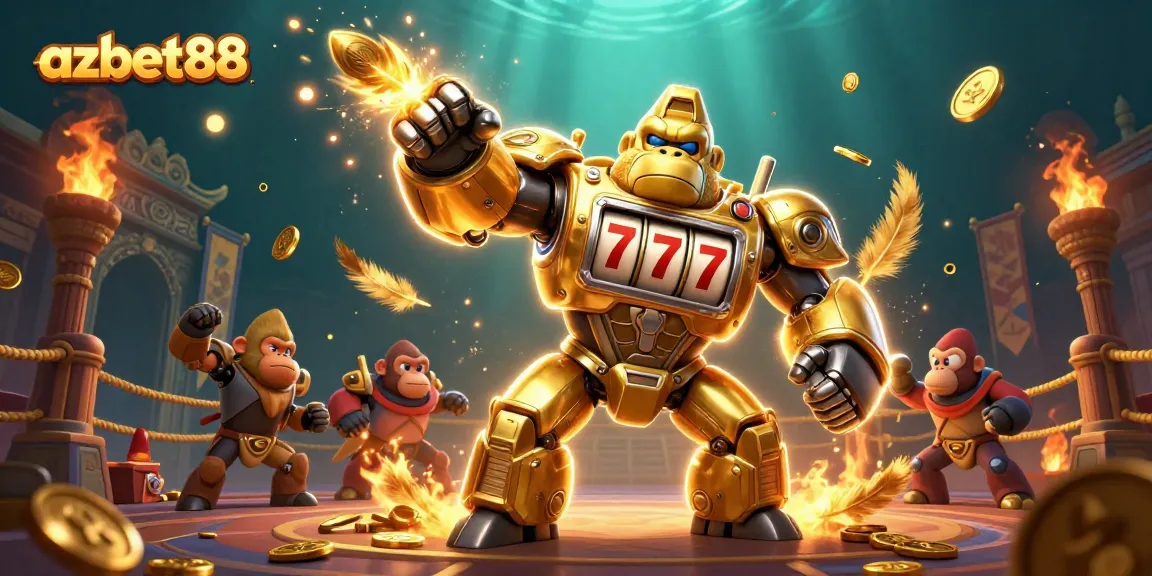 Experience thrilling gameplay at azbet88 with a dynamic illustration showcasing a golden gorilla mech in a casino setting.