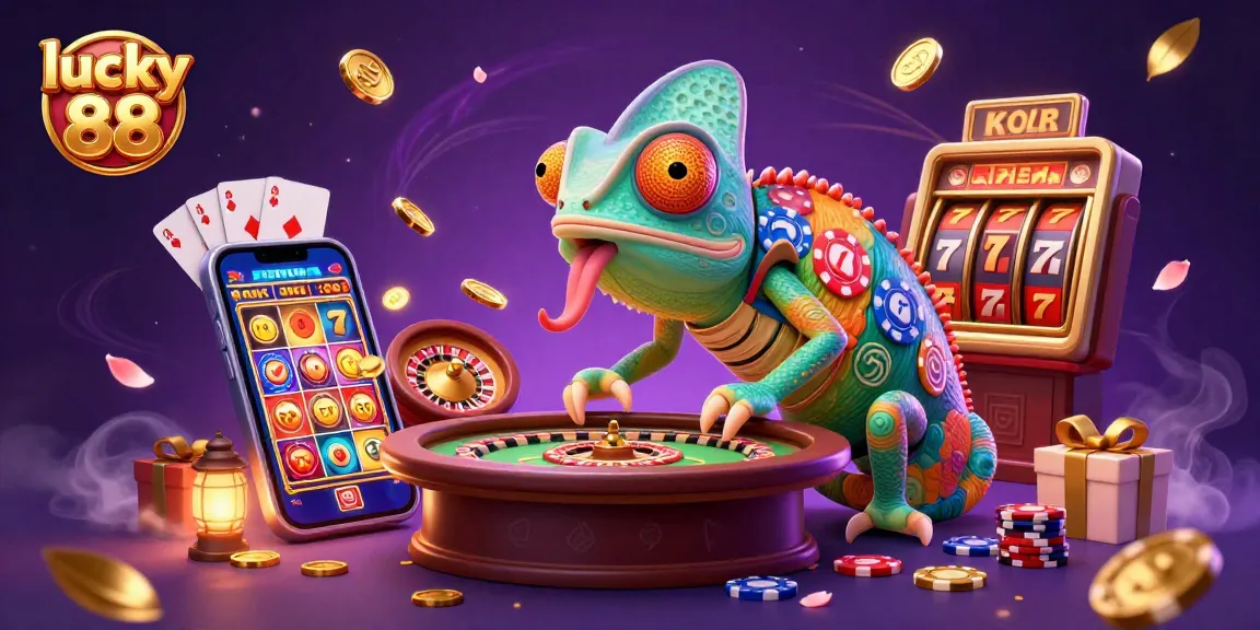 Experience winning spins with lucky 88, a vibrant slot scene featuring chameleon casino owner and dynamic game elements.