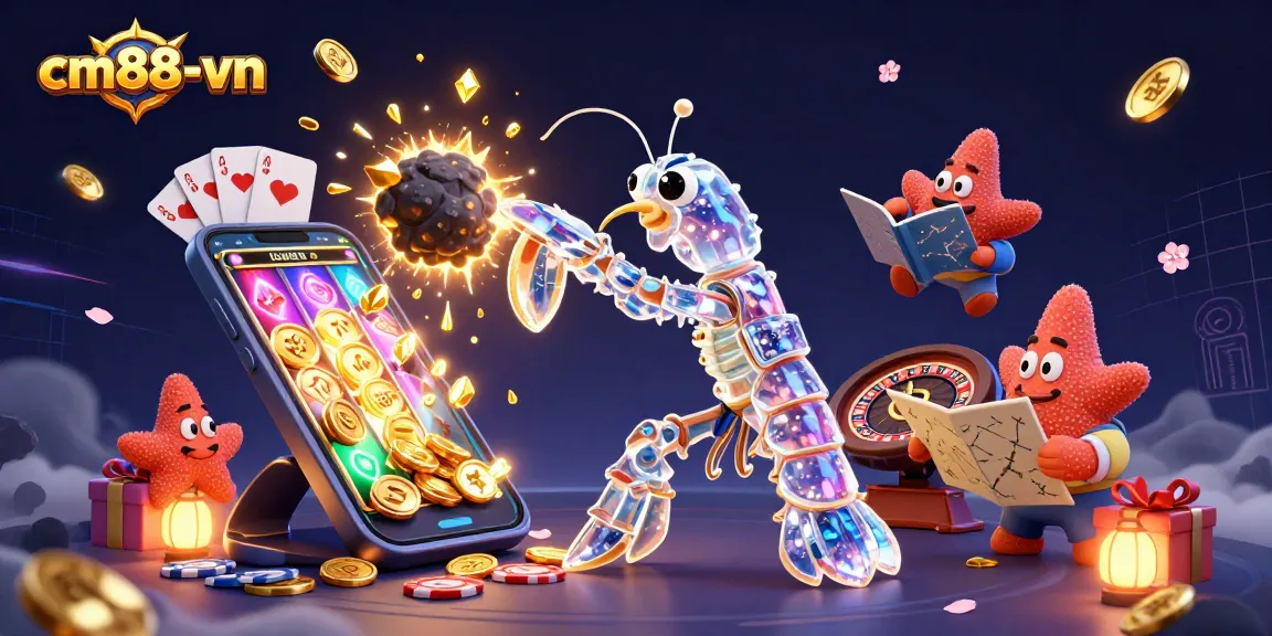 Experience excitement at cm88-vn as a galactic samurai shrimp battles for hidden gems in a vibrant casino setting.
