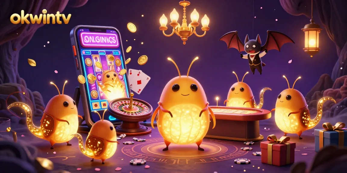 Experience the thrill of okwintv with vibrant glowworms lighting the casino scene filled with gambling elements.