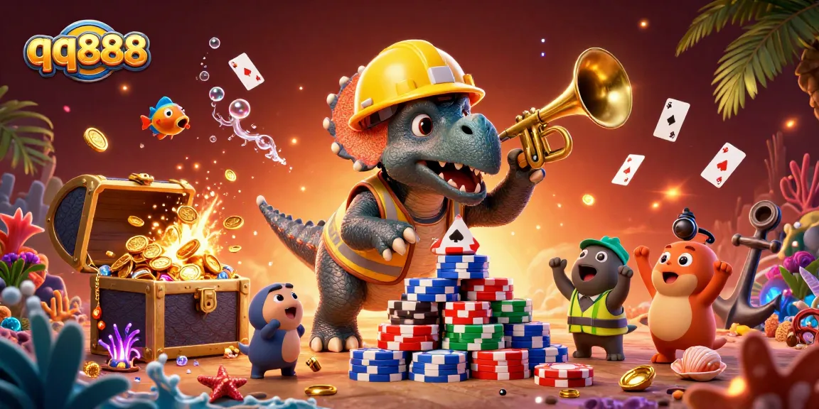 Engage in thrilling gaming action at qq888 with lively triceratops and coral-themed casino fun.