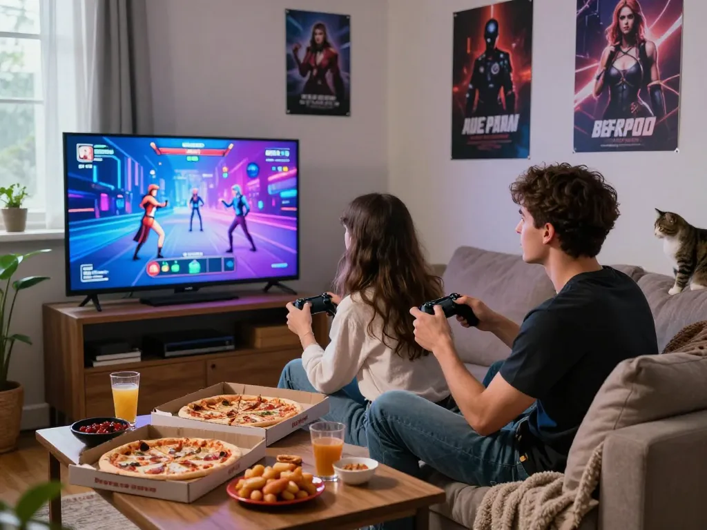 Playing game sex with friends in a cozy living room setting, controllers in hand, vibrant gaming action on screen.