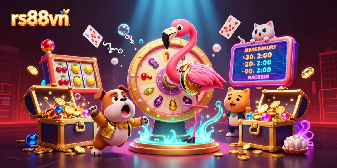 Spin the giant prize wheel at rs88vn with the flamingo game show host and excited contestants in a vibrant, bustling casino atmosphere.