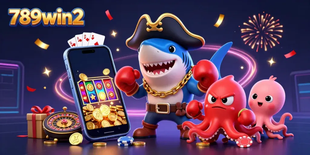 Engage with vibrant 789win2 casino characters celebrating with coins and slot games.