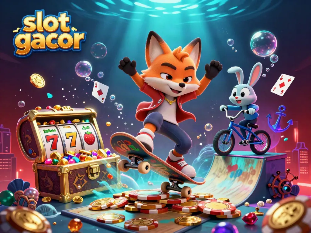 Experience the thrill of slot gacor action with dynamic cartoon characters in a vibrant casino scene.