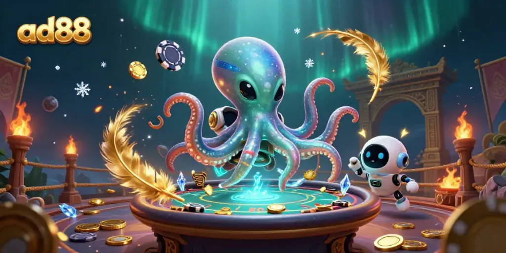 Engage in thrilling poker battles with ad88, featuring an alien octopus and a tiny robot during a cosmic gaming adventure.
