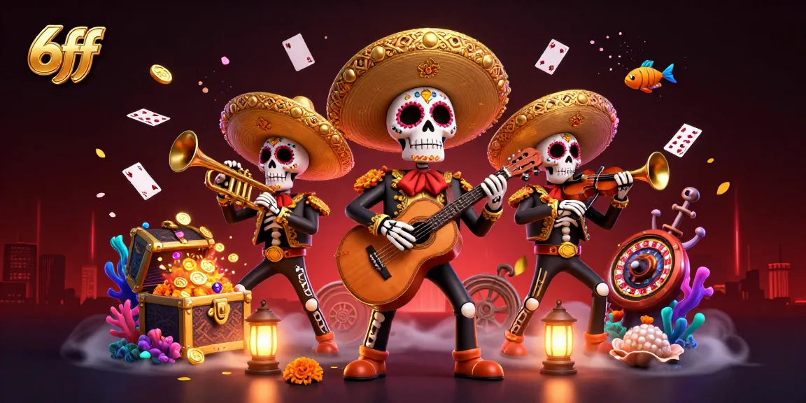 Experience the vibrant action at 6ff with lively casino-themed skeletons amidst colorful gaming elements.