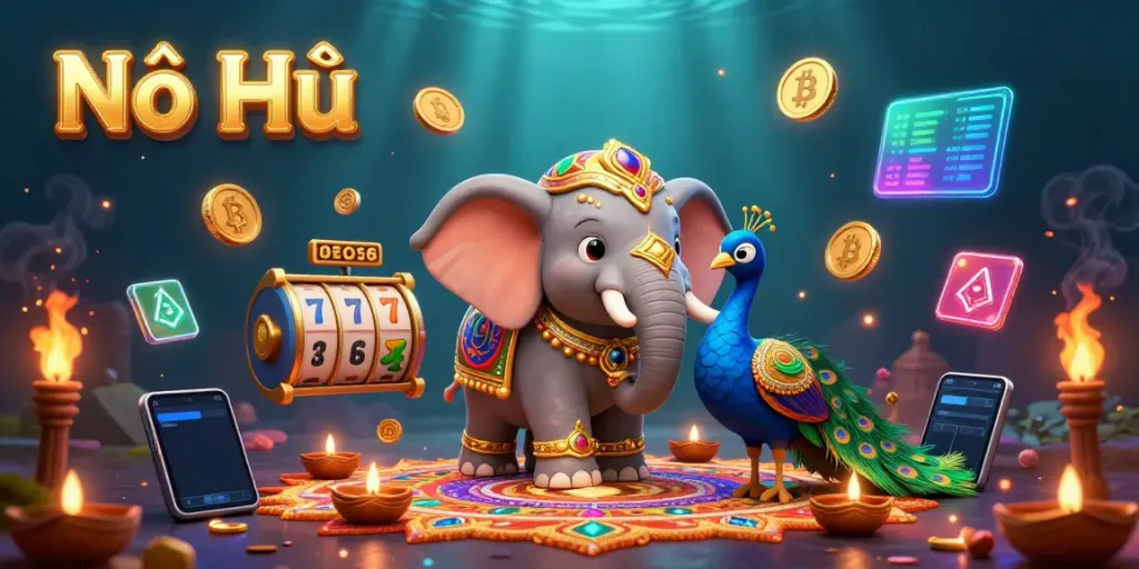 Experience the excitement of Nổ Hũ with a vibrant 3D elephant and peacock surrounded by gaming elements.