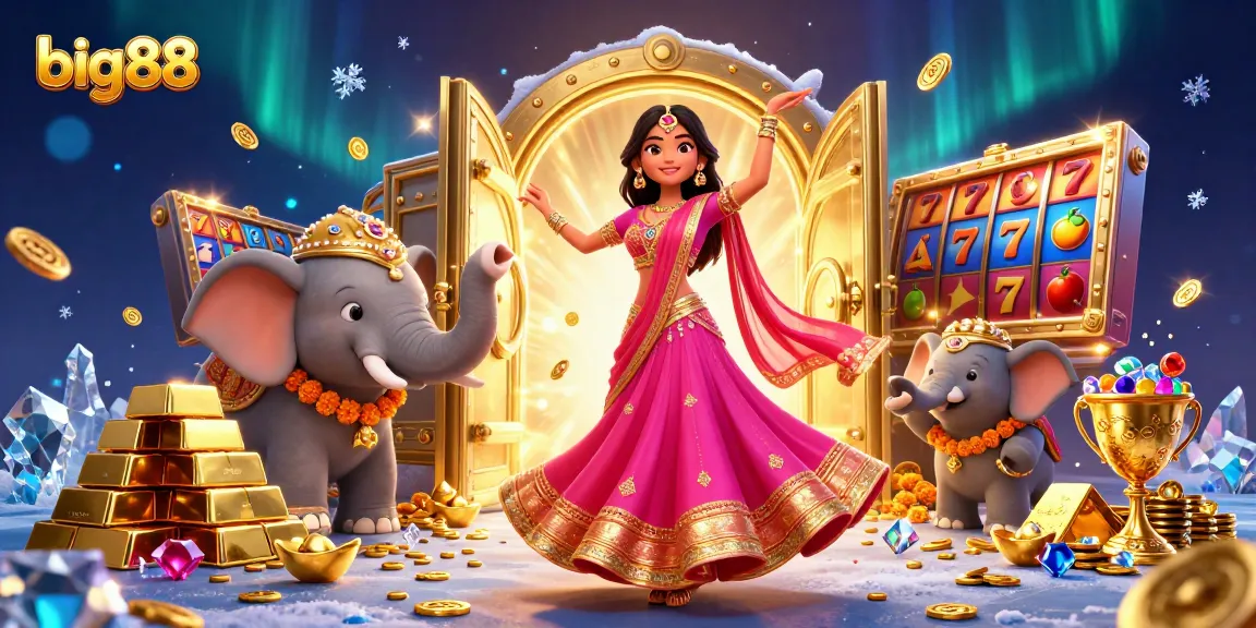 Engage in thrilling slots action with big88 as a beautiful dancer and a bejeweled elephant celebrate winnings.