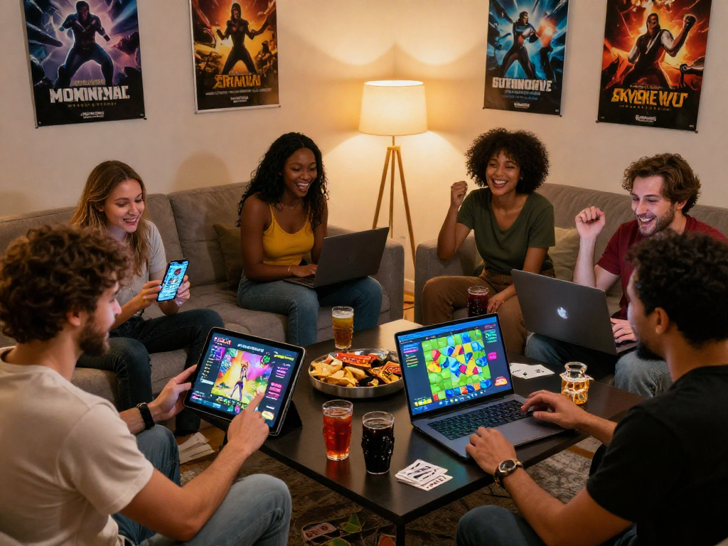 Group enjoying diverse lewdspot games on various devices in a cozy gaming environment.