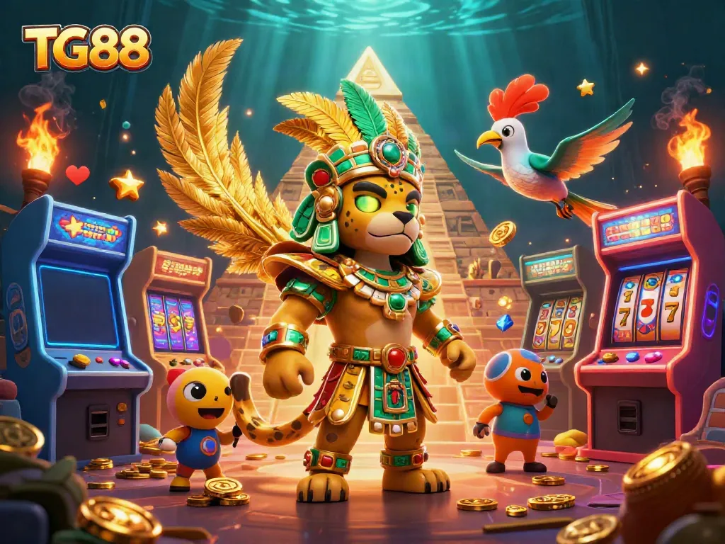 Experience thrilling games at TG88 with vibrant scenes of Mayan-inspired characters and colorful casino elements.