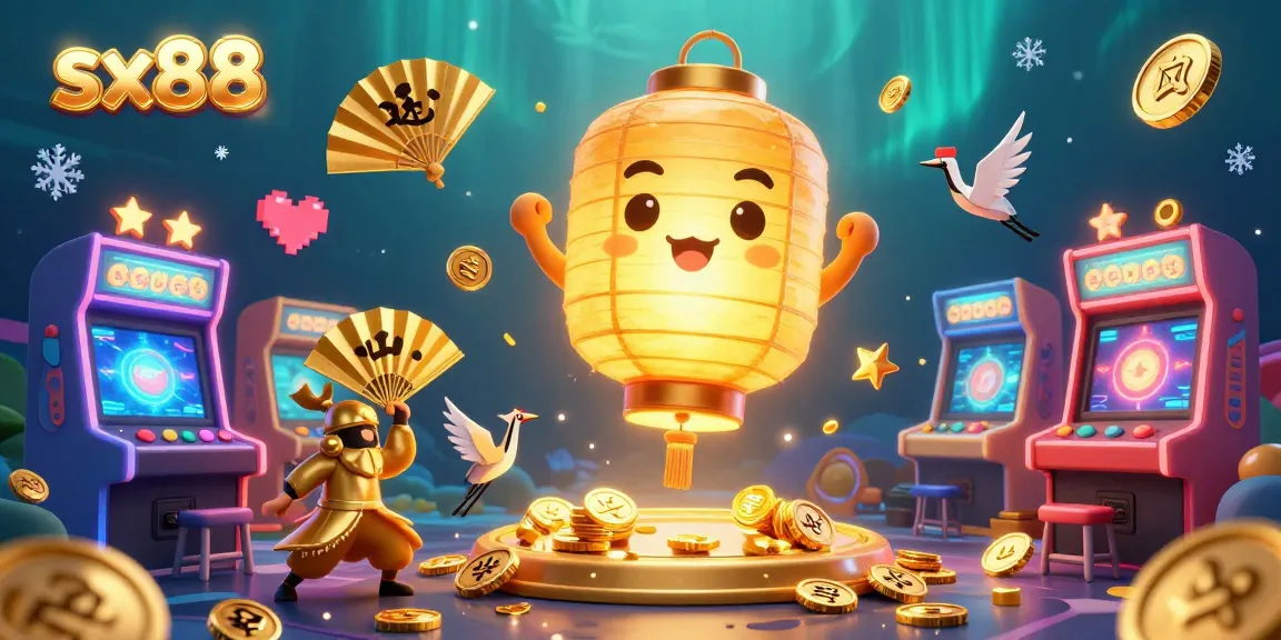 Savor the magic of sx88 in this vibrant 3D casino scene with golden lantern spirits and arcade machines.