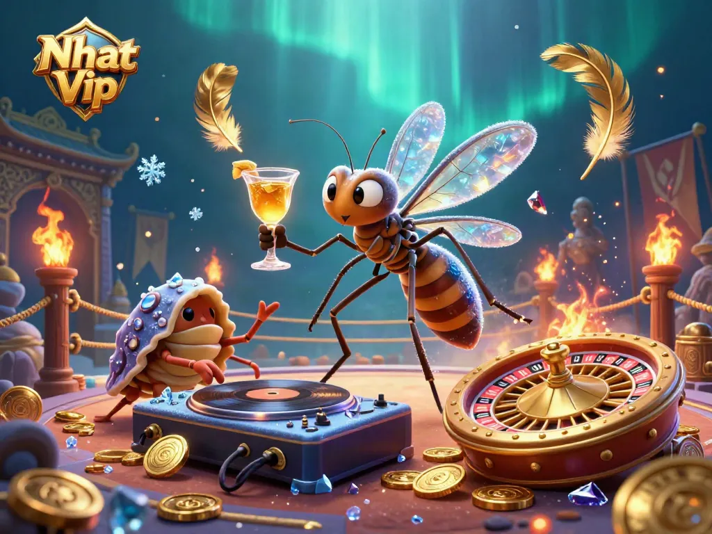 Nhat Vip casino scene with vibrant characters, golden roulette wheel, and immersive gaming elements.