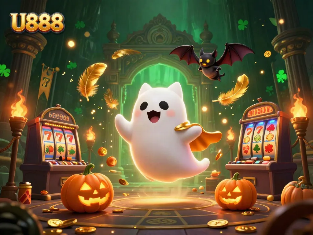 Experience thrilling gameplay at U888 with a ghost cat and vampire bat in a haunted casino.