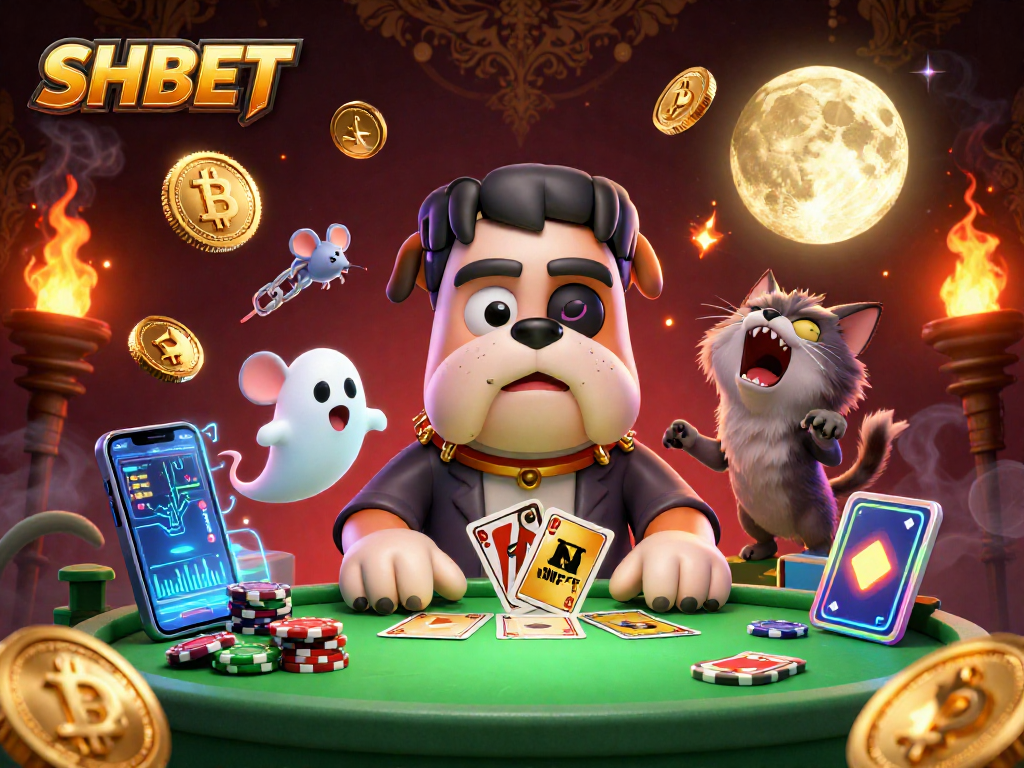 Engage in exciting gameplay with SHBET as the Frankenstein bulldog deals at a lively casino table.