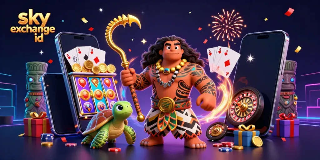 Engage in thrilling betting adventures with Sky Exchange ID, featuring vibrant casino elements and characters.