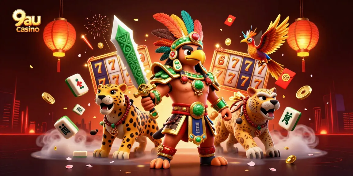 Engage with the vibrant 9au casino scene showcasing Aztec warriors, slot reels, and festive motifs.