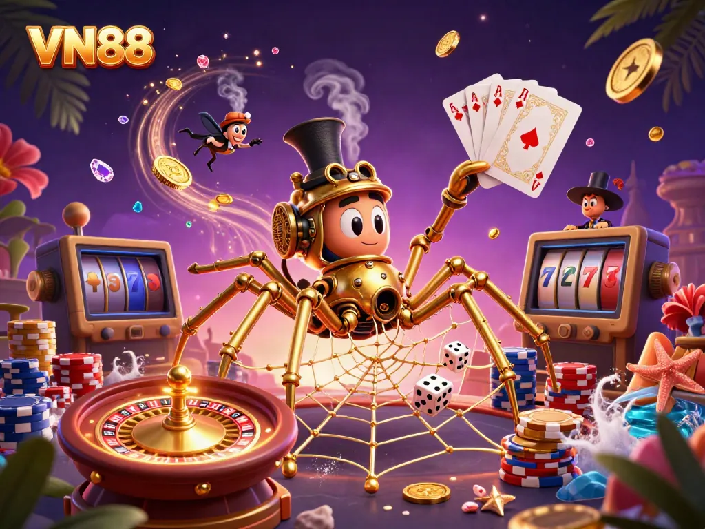 Engage with VN88's vibrant online gaming adventure featuring a steampunk spider and golden elements.