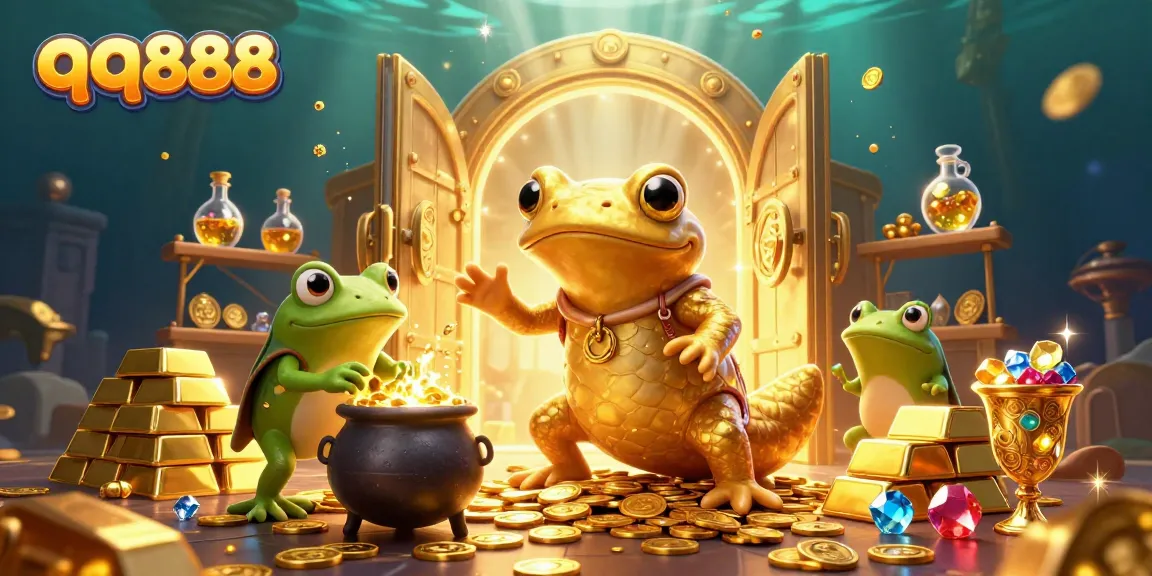 Experience the excitement of qq888 with a dynamic 3D illustration showcasing a golden salamander alchemist and treasure