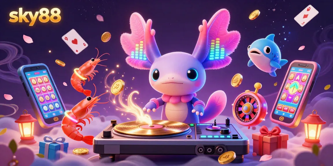 Experience the excitement of sky88's vibrant gaming scene with lively characters and dynamic casino symbols.