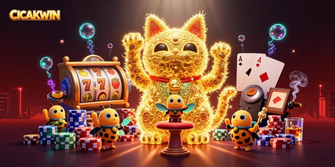 Join the thrilling world of CICAKWIN with a vibrant lucky cat and casino symbols.