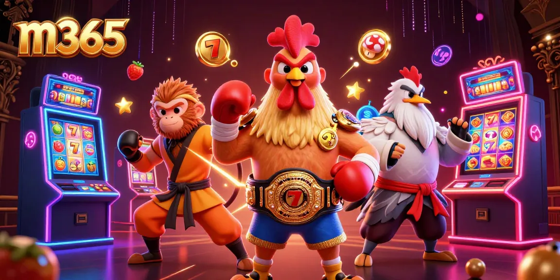 Engage with m365 as fierce characters battle among colorful slot machines in a dynamic casino scene.