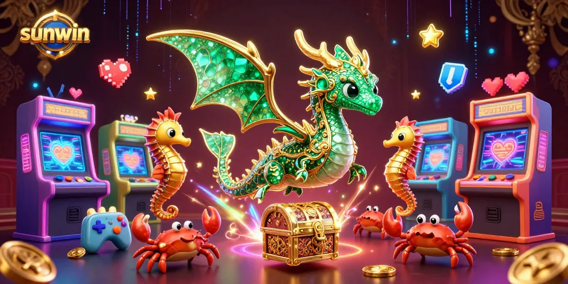 Engaging sunwin casino illustration featuring a dragon, seahorse guards, and tiny crabs amidst gaming elements.