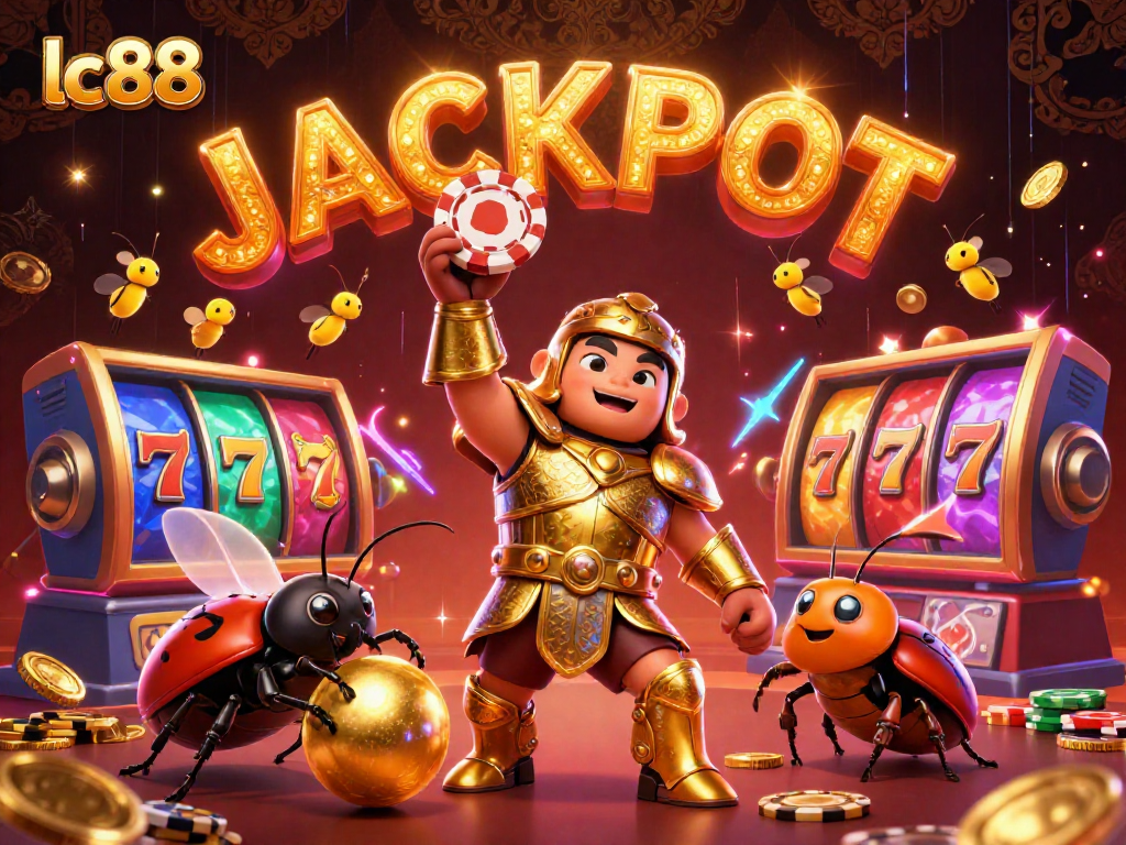 Experience the excitement of lc88 with a victorious beetle lifting a poker chip amid casino riches.