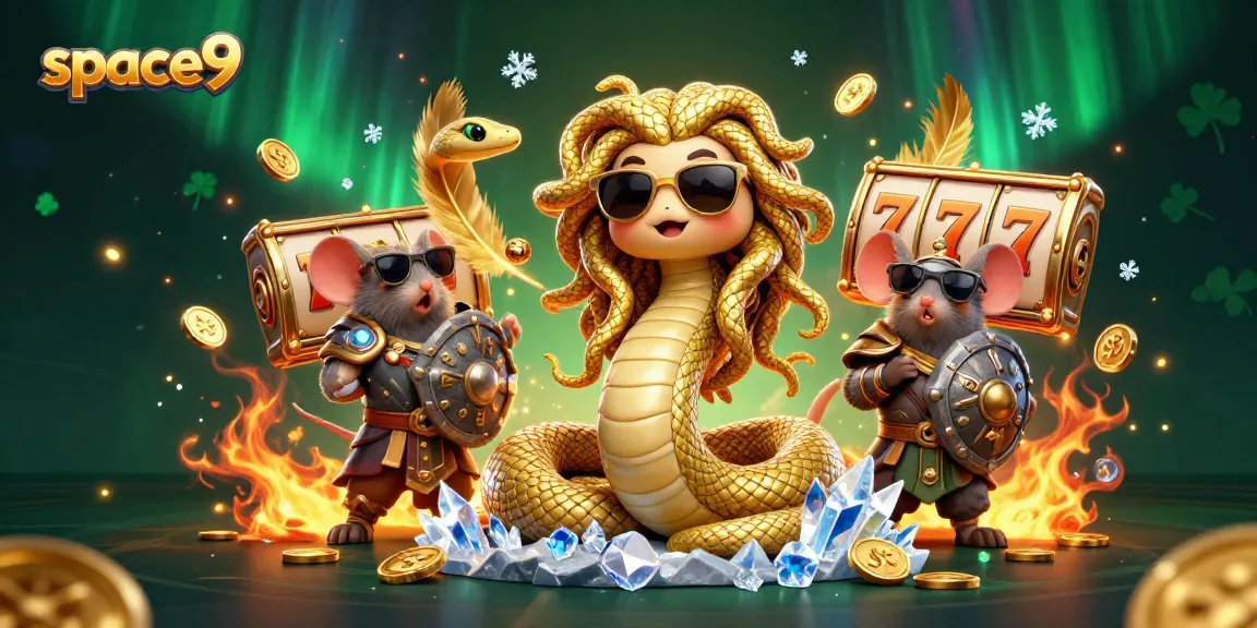 Spin to win at space9 with Medusa and a warrior mouse in a vibrant, game-filled casino scene.