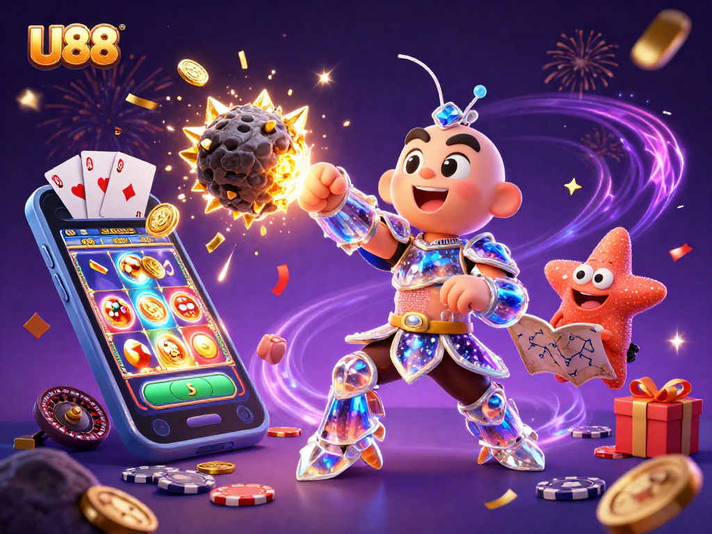 U88 players enjoy thrilling action as the galactic samurai mantis shrimp bursts golden gems while gaming.