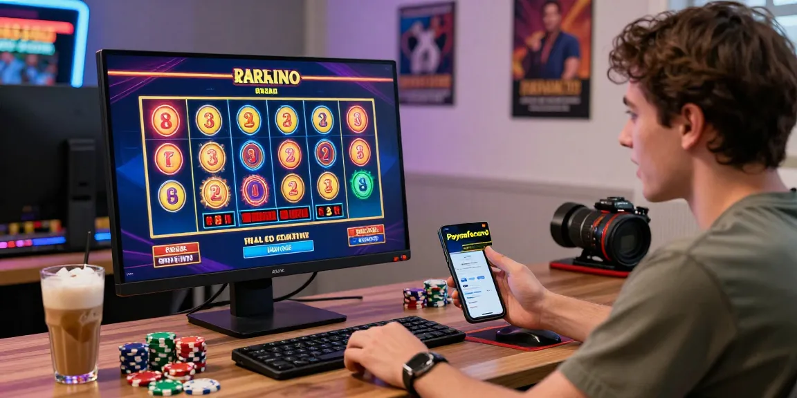 Ein Spieler, der ein Paysafe Card Casino-Erlebnis genießt, konzentriert auf Live-Spiele und umgeben von Spielelementen.